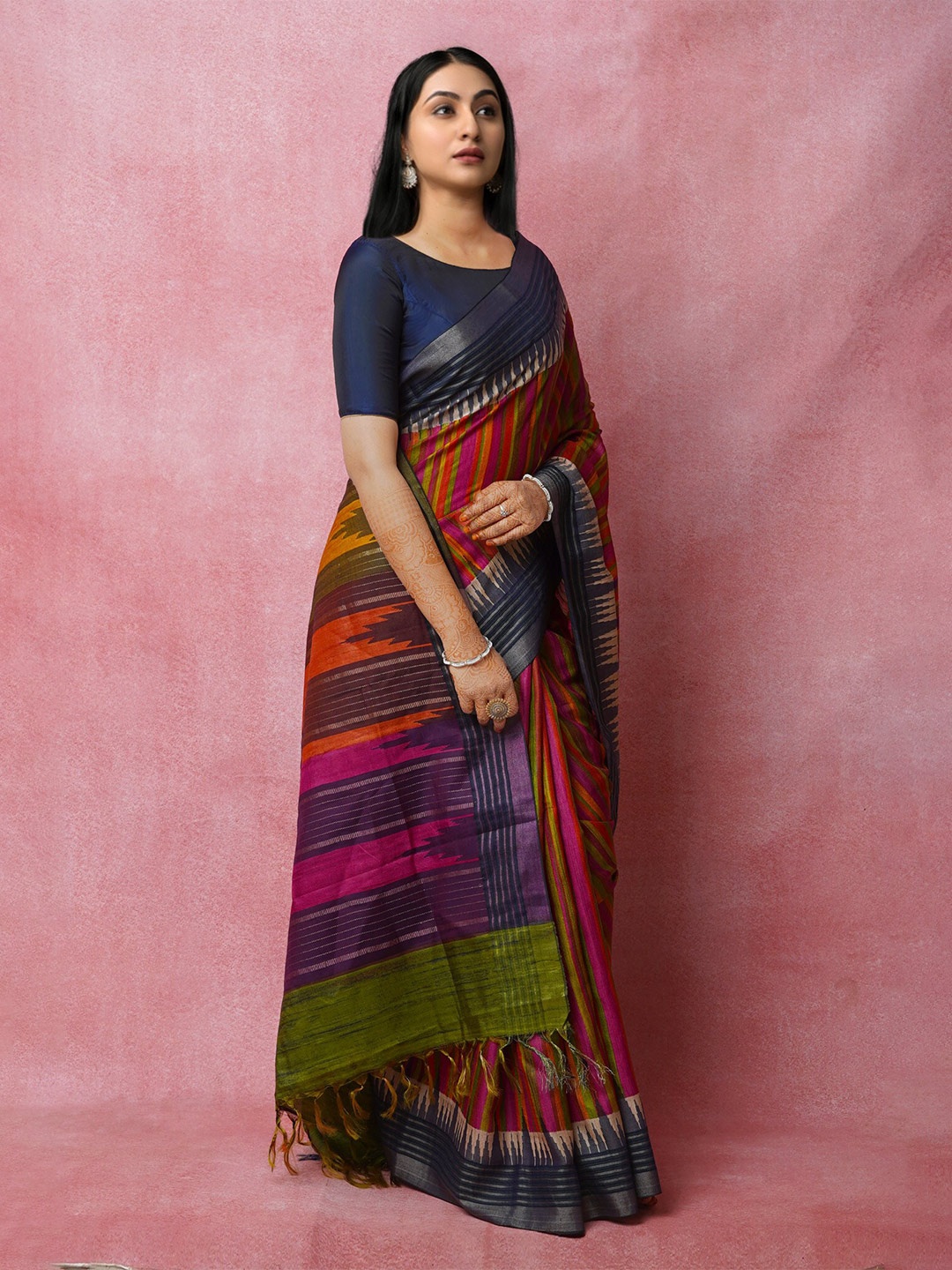 

Unnati Silks Blue & Green Striped Zari Jute Silk Tussar Saree
