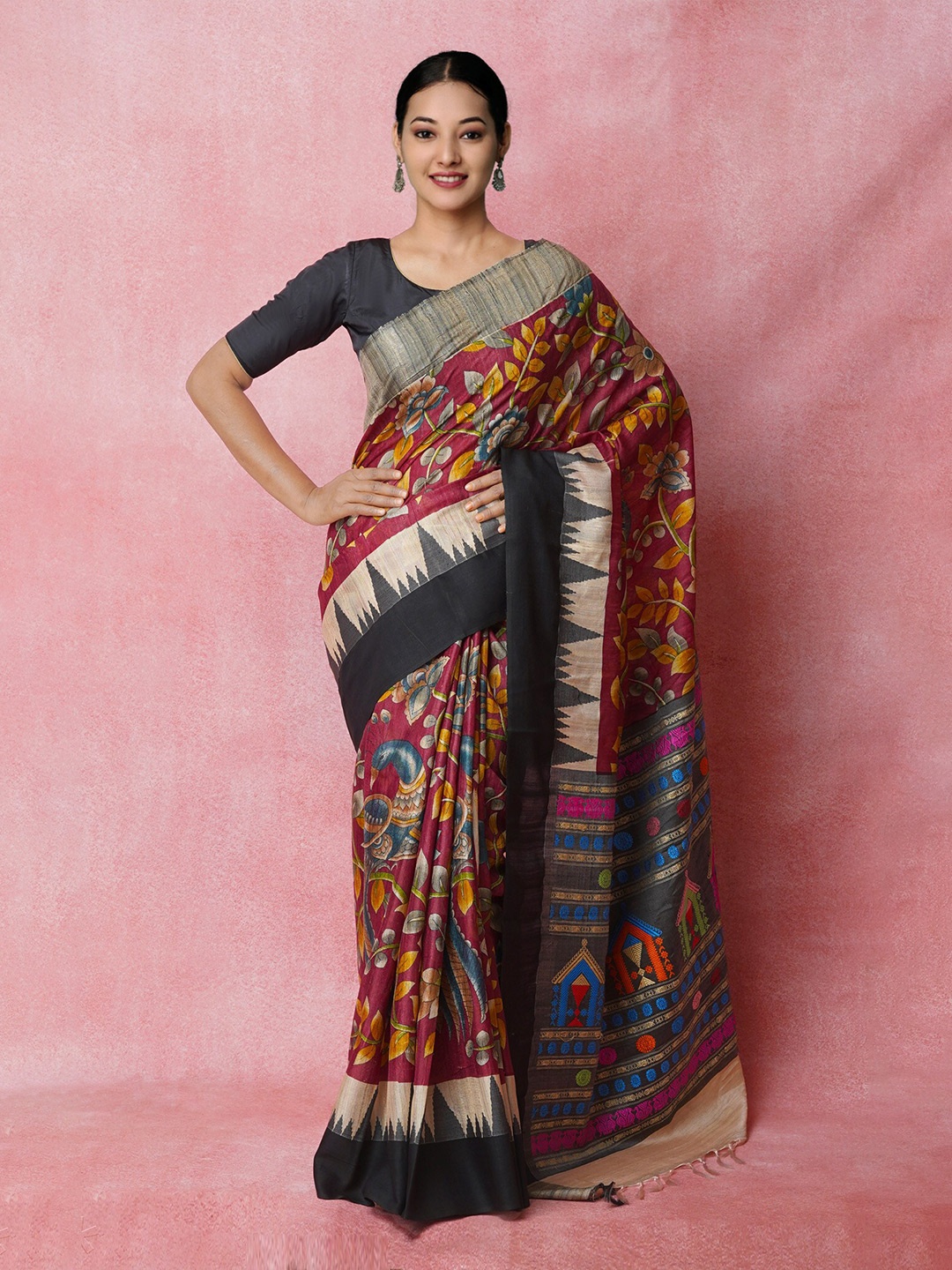 

Unnati Silks Kalamkari Printed Jute Silk Handloom Tussar Saree, Maroon