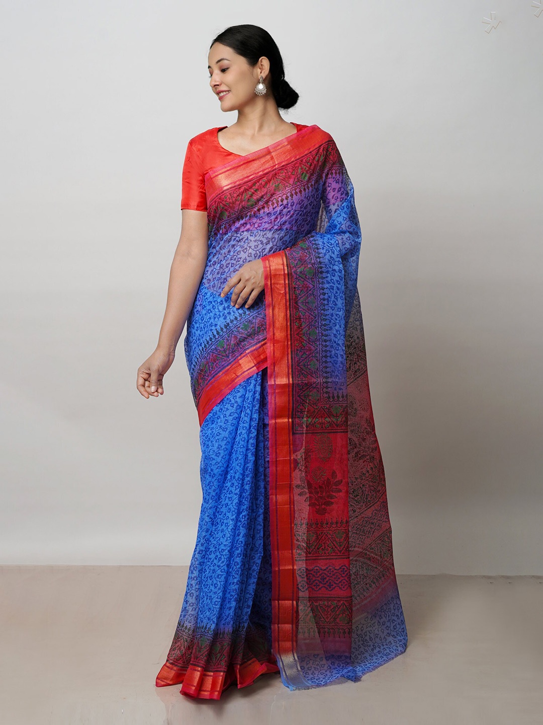 

Unnati Silks Ethnic Motifs Printed Handloom Zari Pure Cotton Kota Saree, Blue