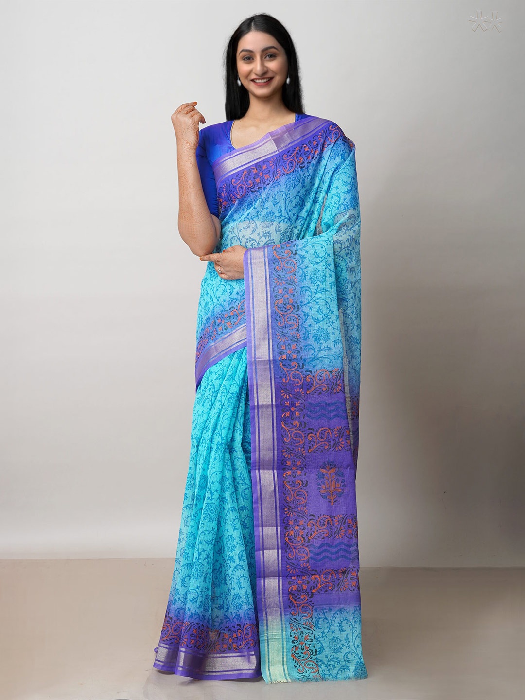 

Unnati Silks Floral Printed Zari Pure Cotton Kota Saree, Blue