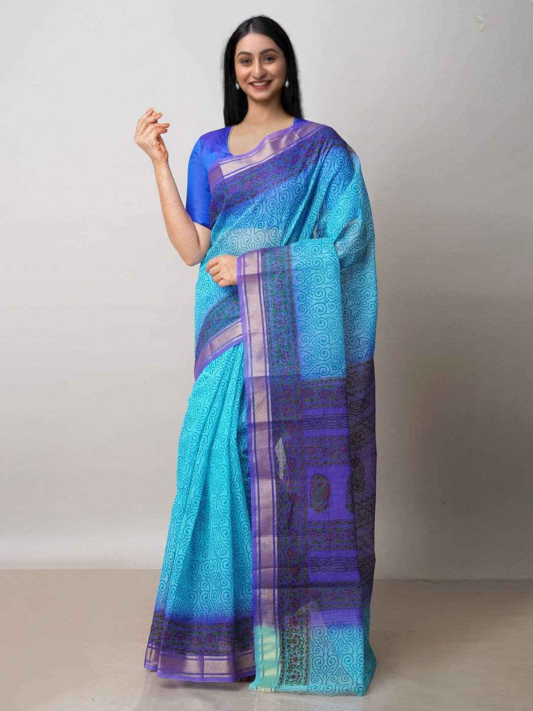 

Unnati Silks Ethnic Motifs Zari Pure Cotton Kota Saree, Blue