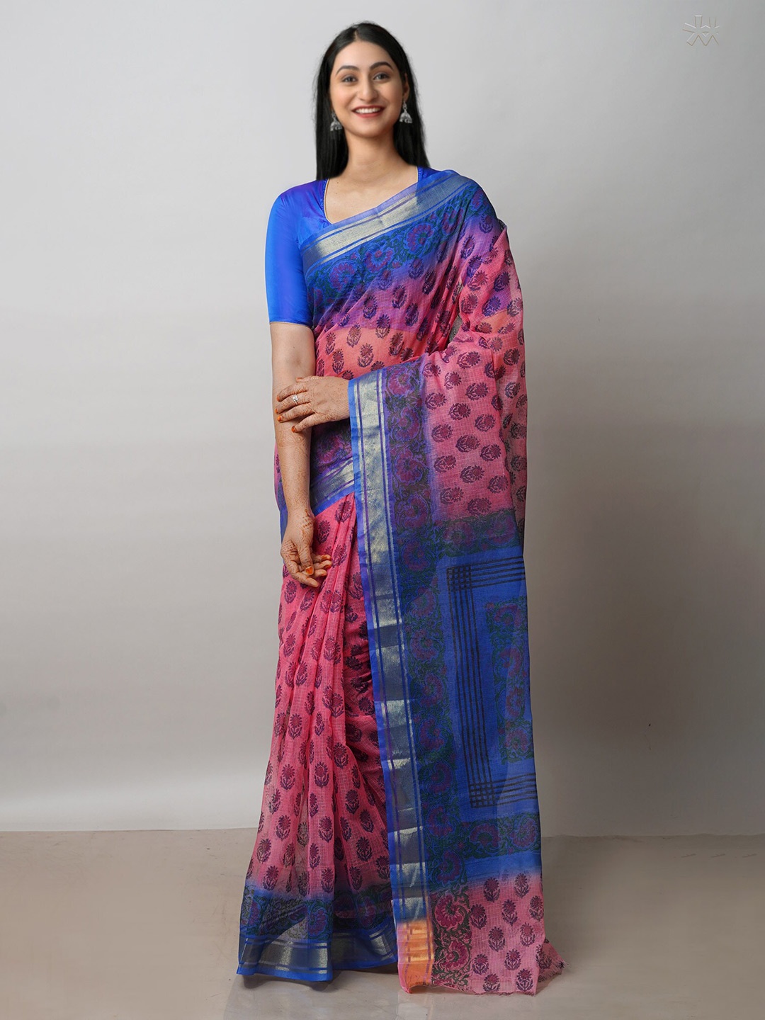 

Unnati Silks Ethnic Motifs Printed Dyed Zari Pure Cotton Kota Saree, Pink
