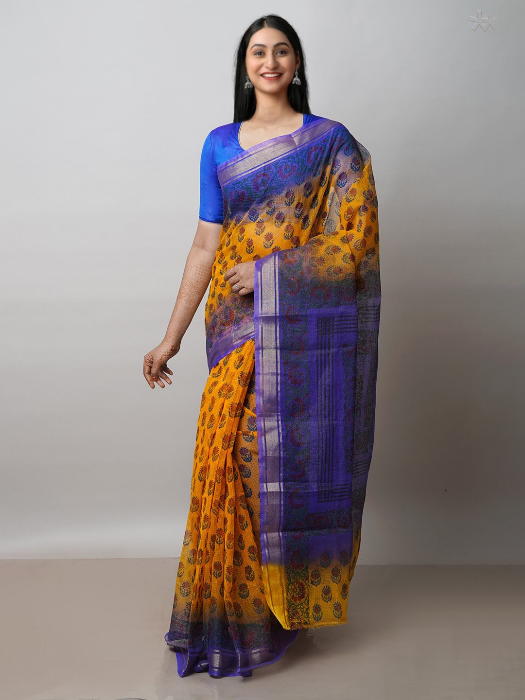 

Unnati Silks Ethnic Motifs Printed Zari Pure Cotton Kota Saree, Yellow
