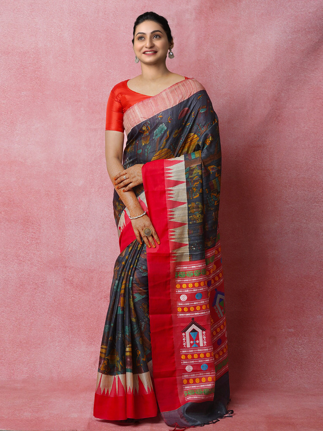 

Unnati Silks Kalamkari Printed Handloom Jute Silk Tussar Saree, Grey