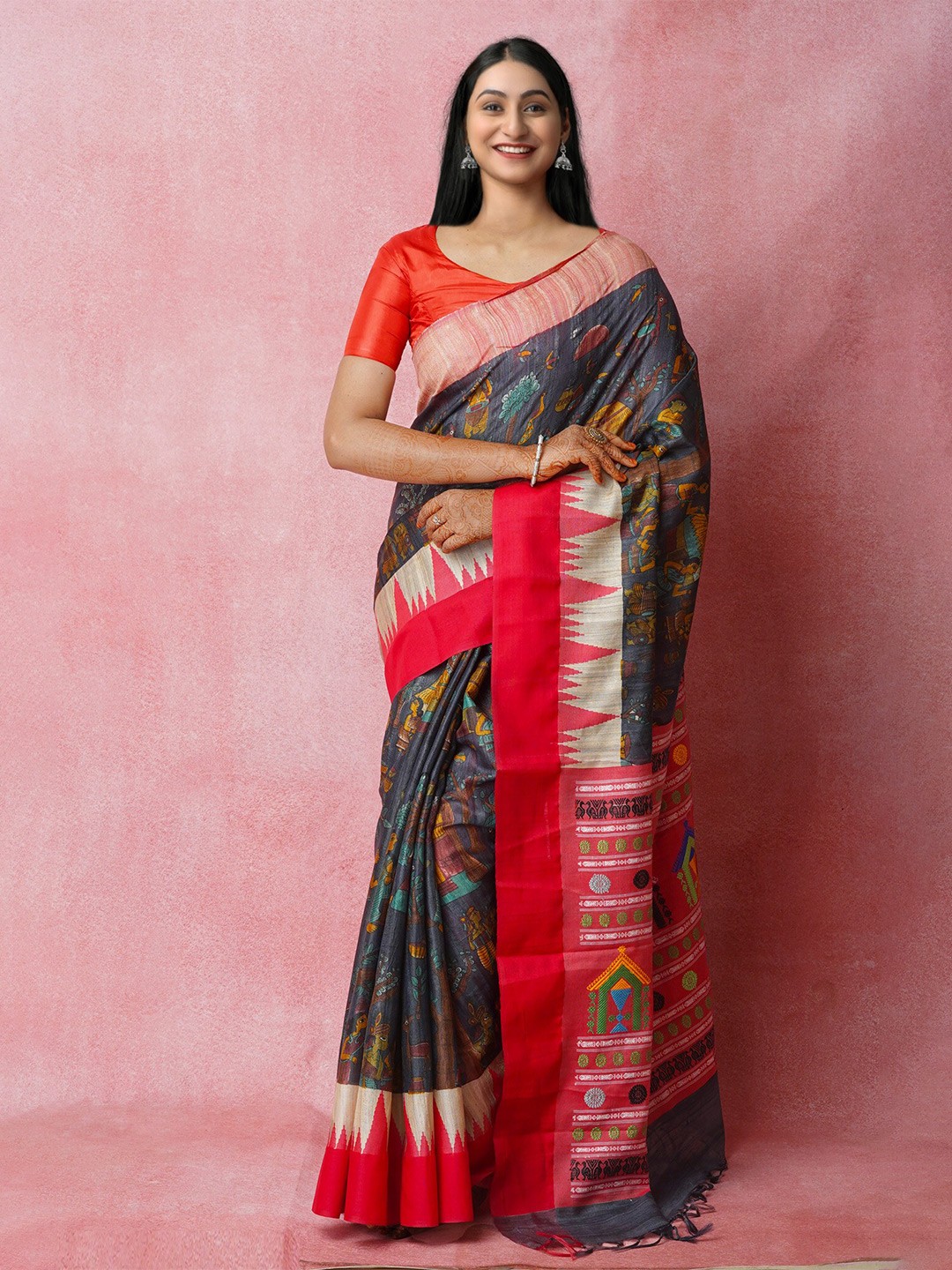 

Unnati Silks Kalamkari Jute Silk Tussar Saree, Grey