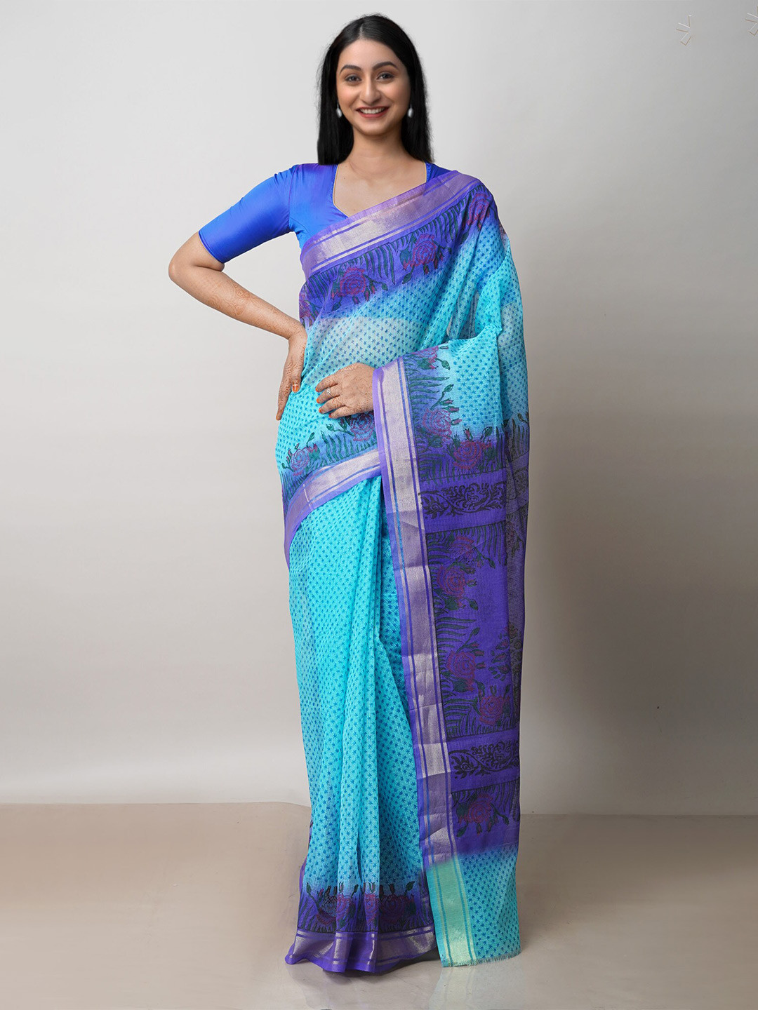 

Unnati Silks Ethnic Motifs Printed Dyed Zari Pure Cotton Kota Saree, Blue