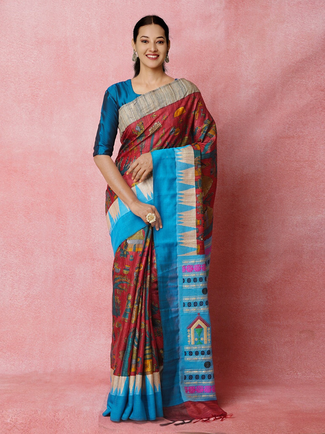 

Unnati Silks Kalamkari Jute Silk Tussar Saree, Maroon