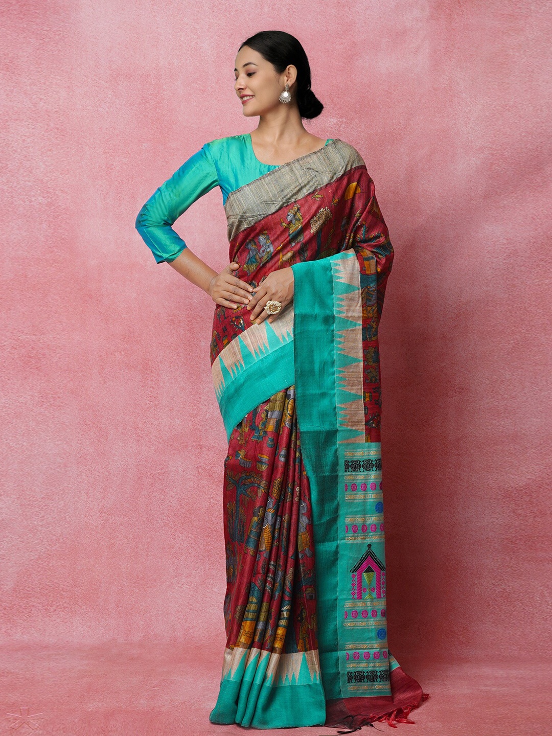 

Unnati Silks Ethnic Motifs Jute Silk Handloom Tussar Saree, Burgundy