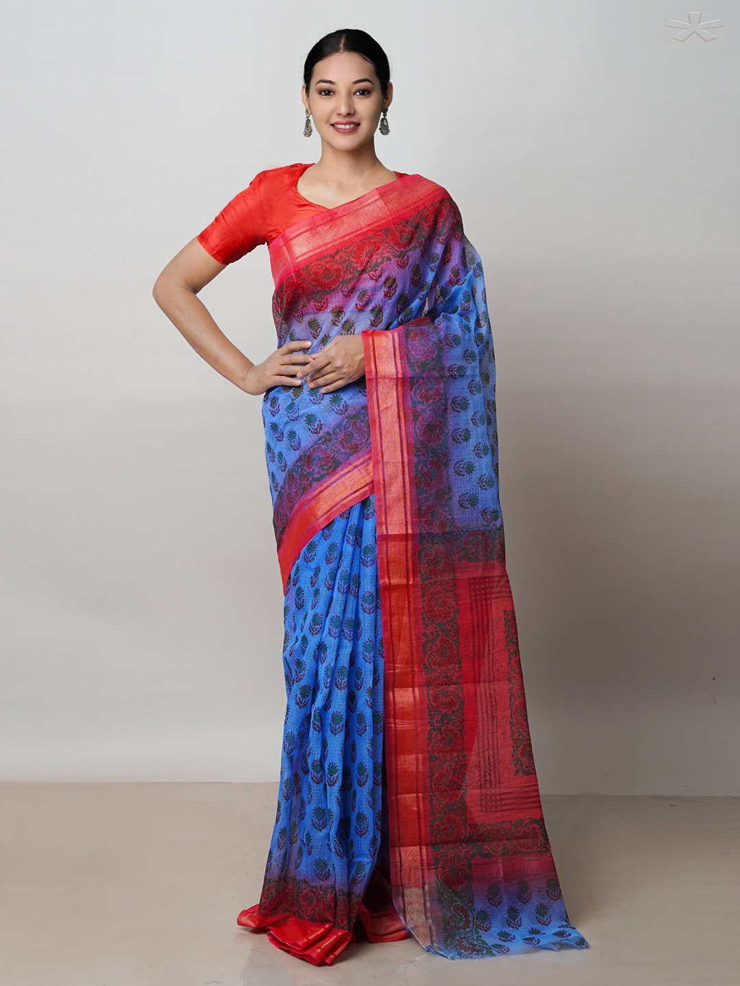 

Unnati Silks Floral Printed Handloom Zari Pure Cotton Kota Saree, Blue
