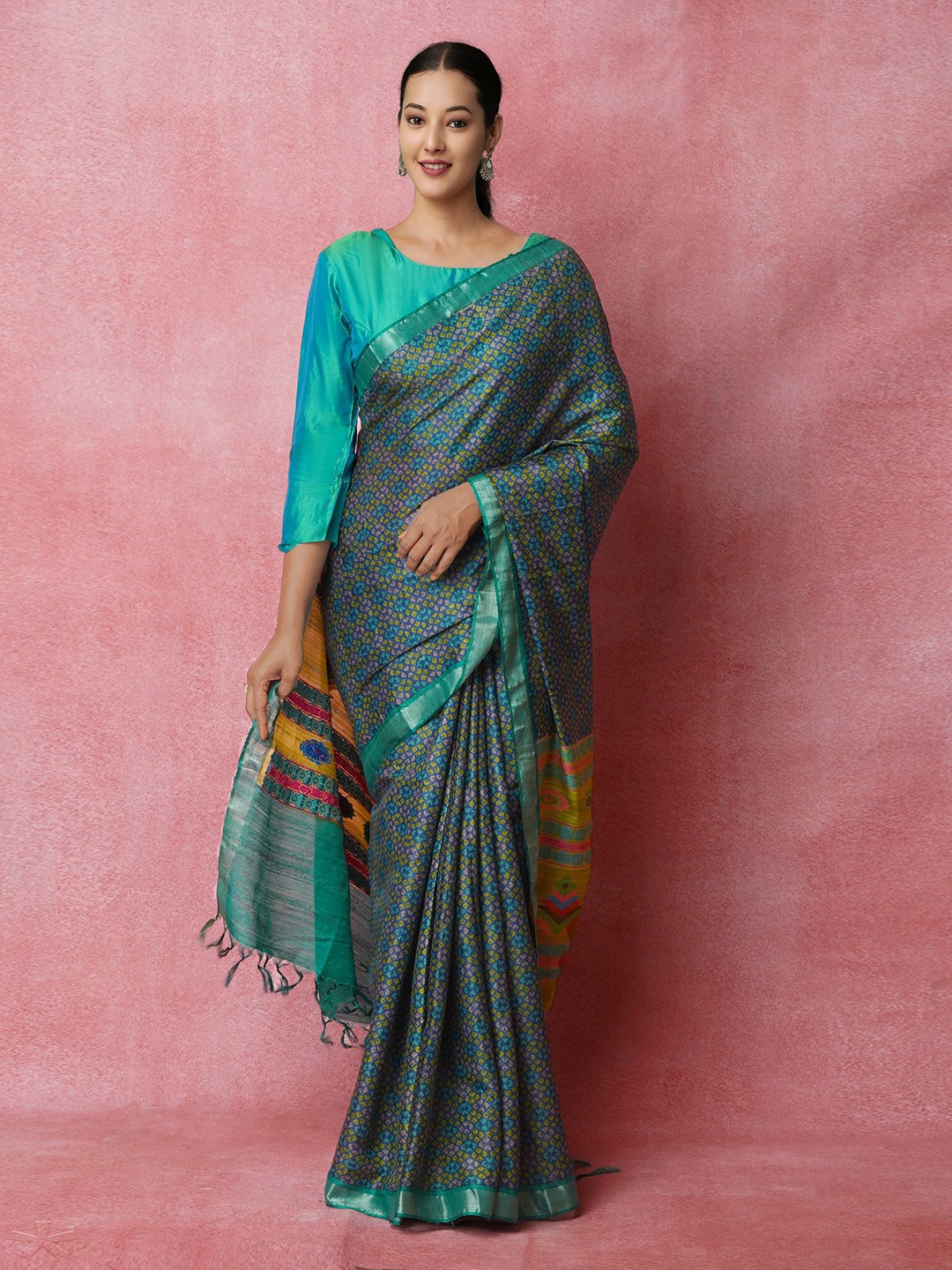 

Unnati Silks Ethnic Motifs Printed Zari Jute Silk Tussar Saree, Navy blue