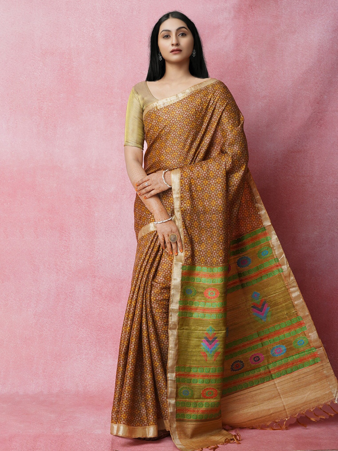 

Unnati Silks Ethnic Motifs Zari Jute Silk Tussar Saree, Brown