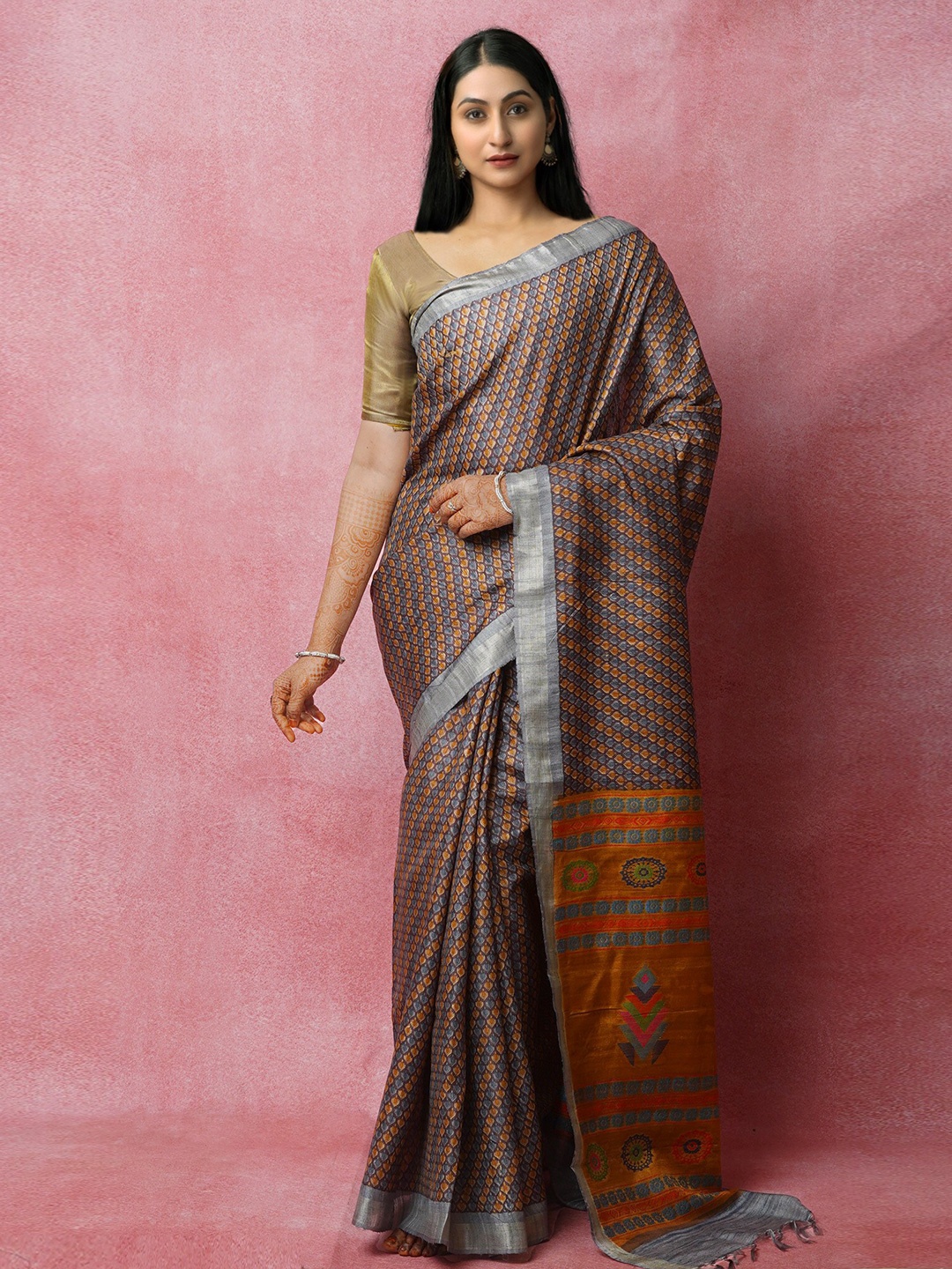

Unnati Silks Ethnic Motifs Printed Zari Jute Silk Tussar Saree, Violet
