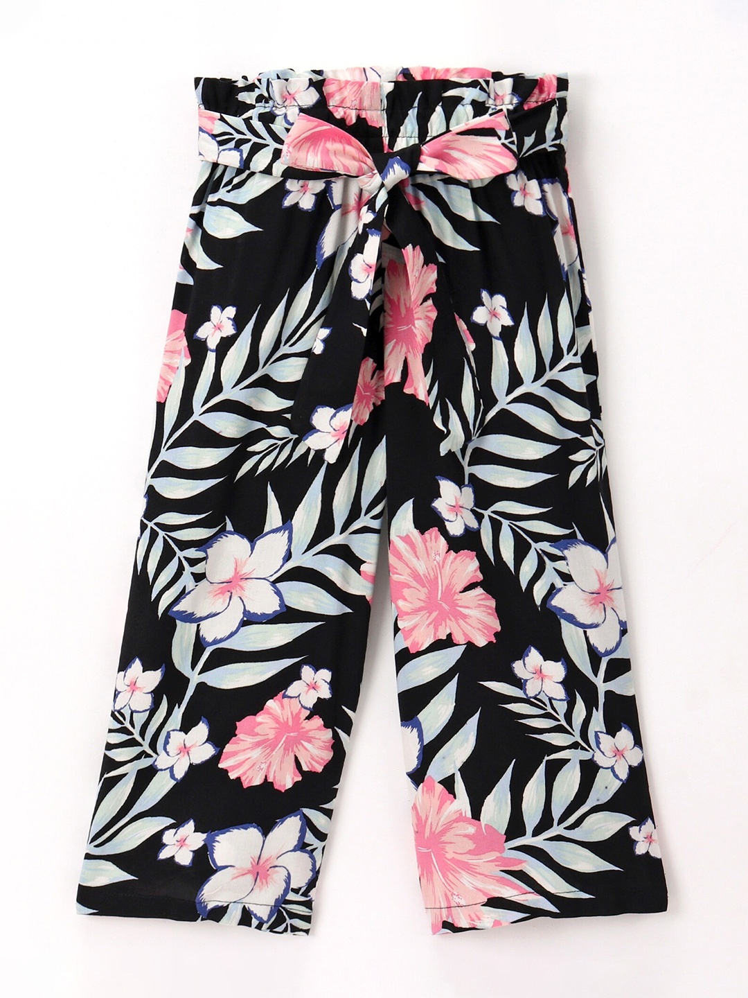 

CrayonFlakes Girls Floral Printed Straight Cotton Palazzos, Black