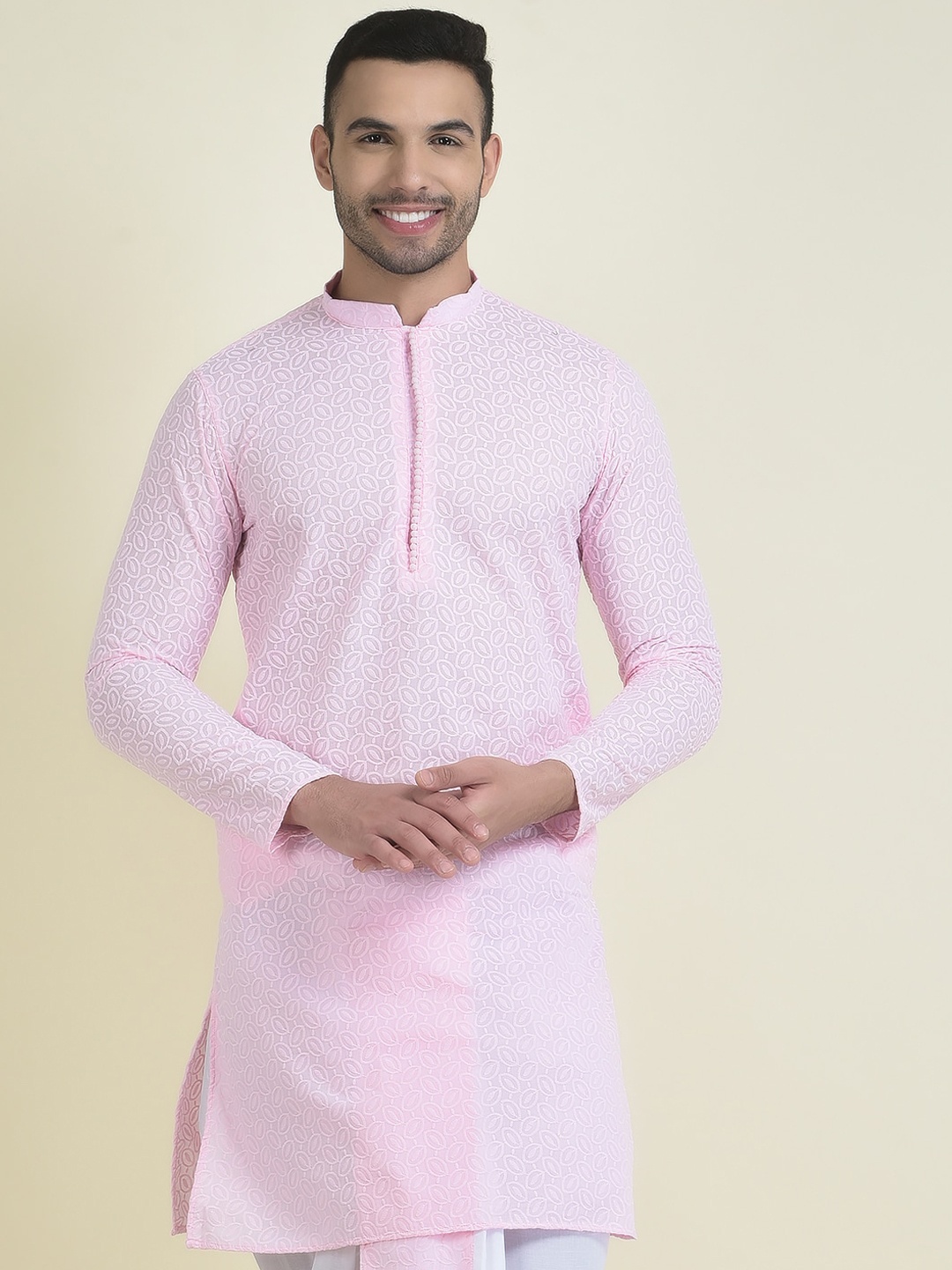 

DEYANN Chikankari Embroidered Mandarin Collar Pure Cotton Kurta, Pink