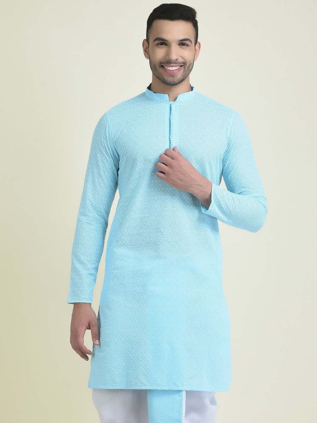 

DEYANN Chikankari Embroidered Mandarin Collar Pure Cotton Kurta, Blue