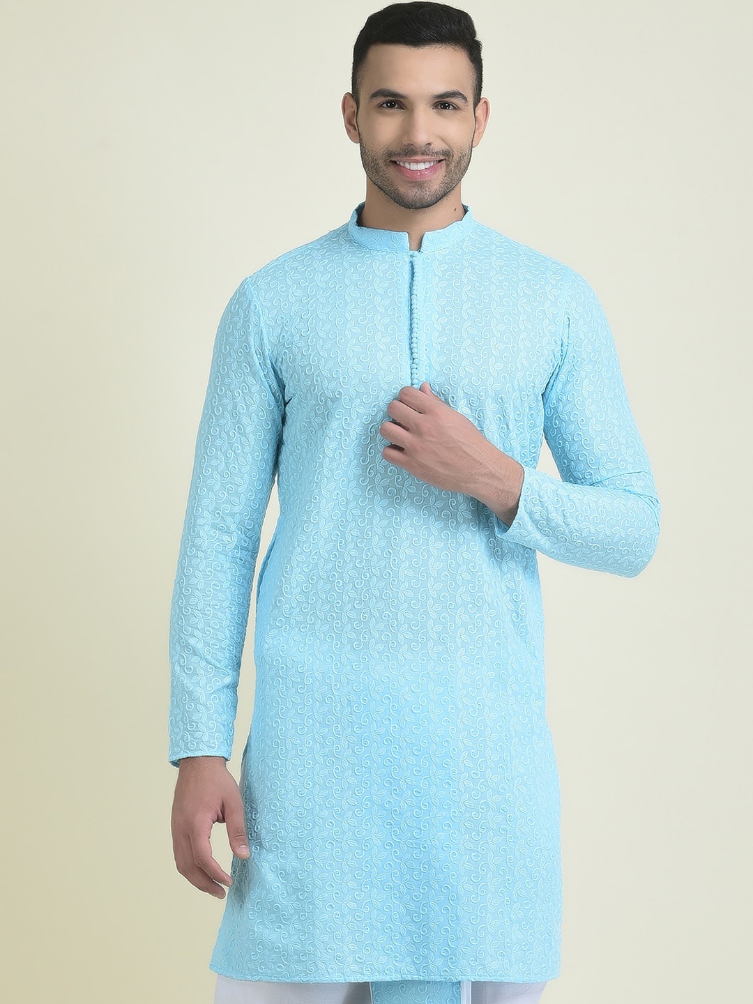

DEYANN Chikankari Embroidered Mandarin Collar Pure Cotton Kurta, Blue