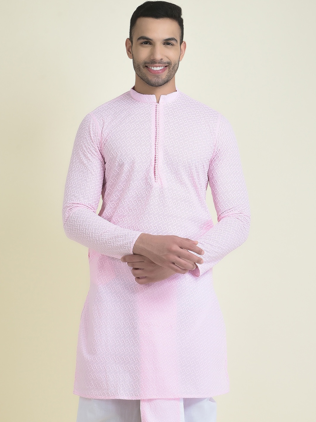 

DEYANN Chikankari Embroidered Mandarin Collar Pure Cotton Kurta, Pink