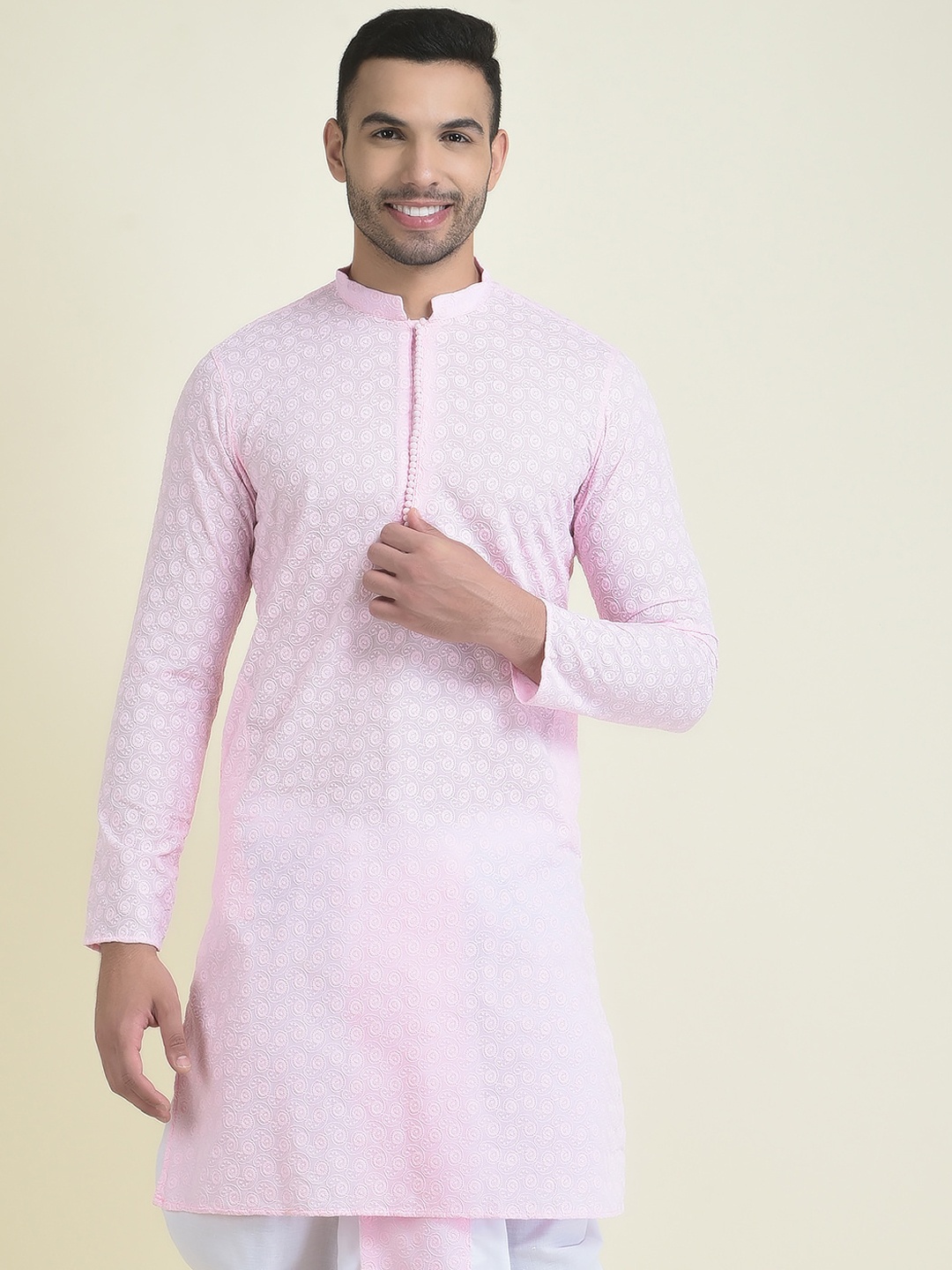 

DEYANN Chikankari Embroidered Mandarin Collar Pure Cotton Kurta, Pink