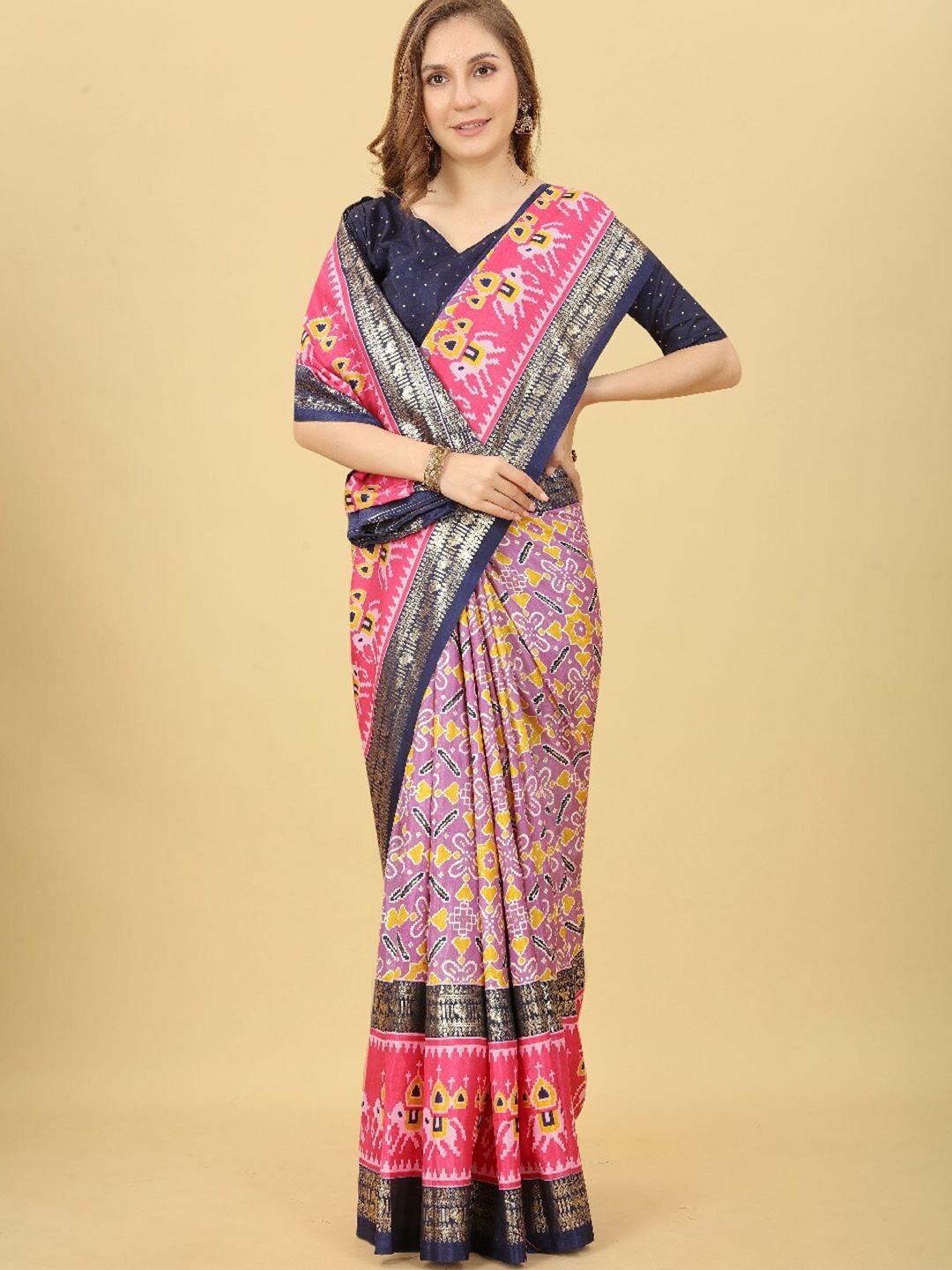 

VILLAGIUS Ethnic Motifs Printed Zari Mysore Silk Saree, Purple