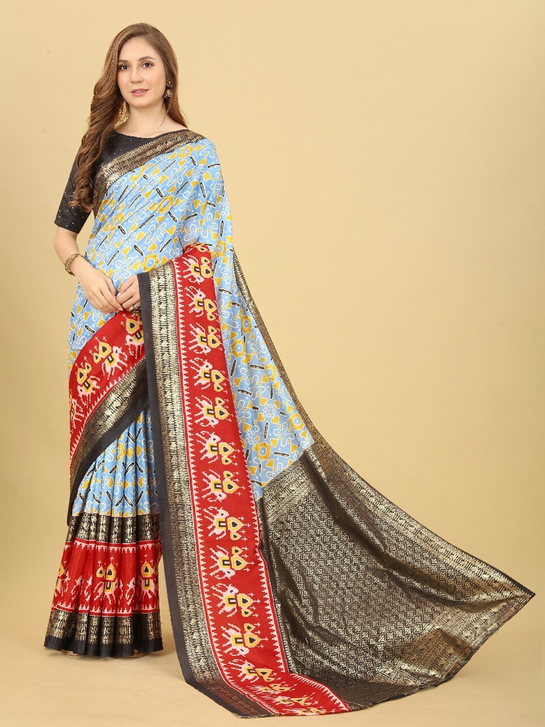 

VILLAGIUS Ethnic Motifs Printed Zari Mysore Silk Saree, Turquoise blue