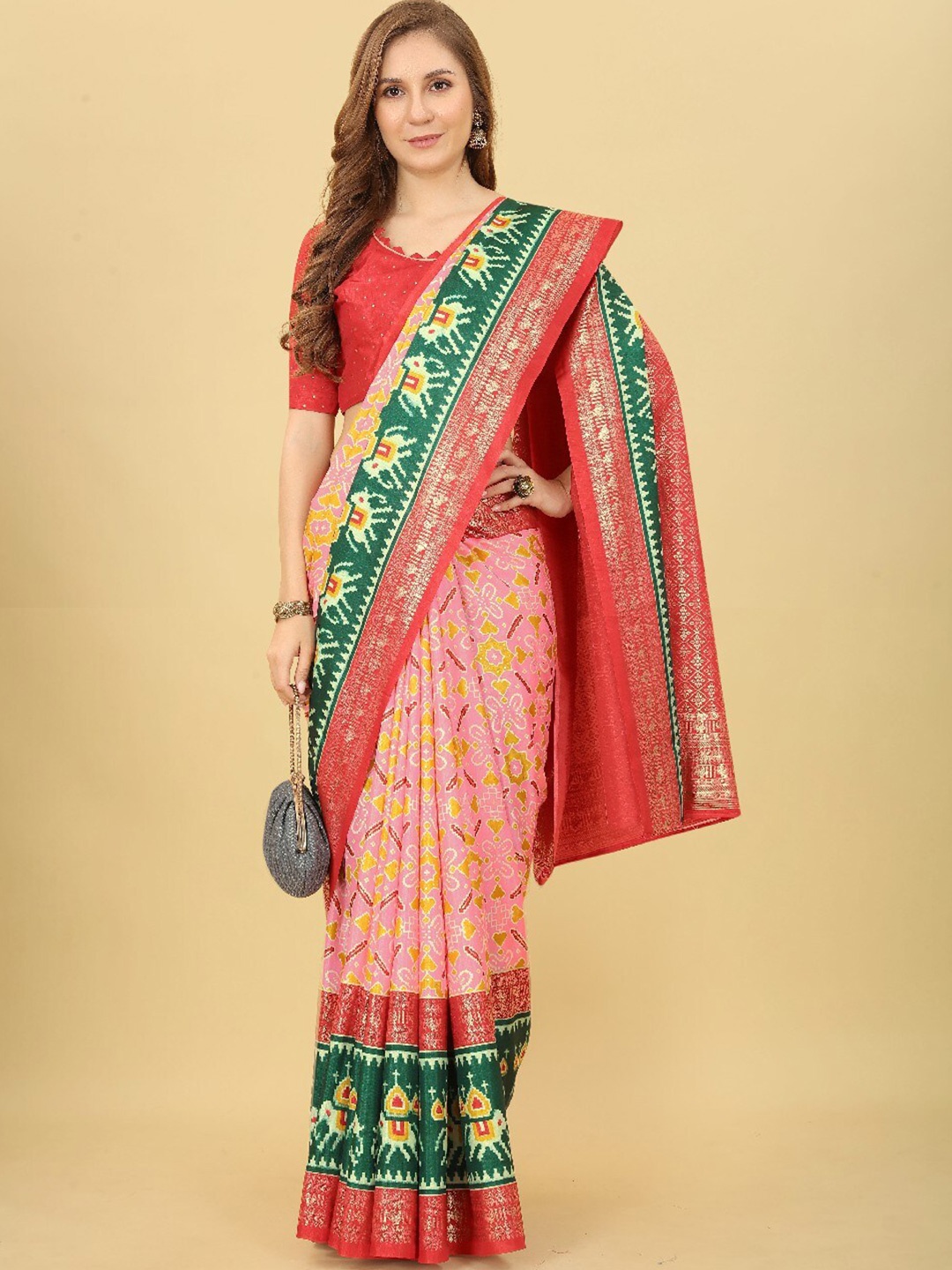 

VILLAGIUS Ethnic Motifs Printed Zari Mysore Silk Saree, Pink
