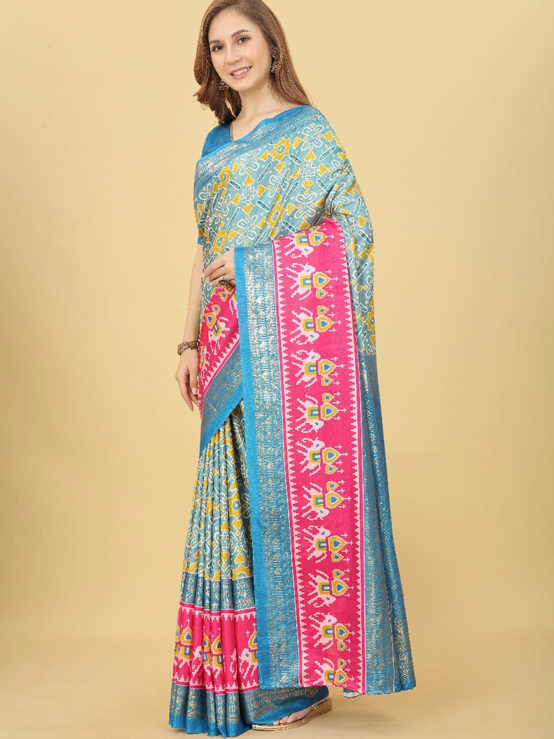 

VILLAGIUS Ethnic Motifs Printed Zari Mysore Silk Saree, Turquoise blue