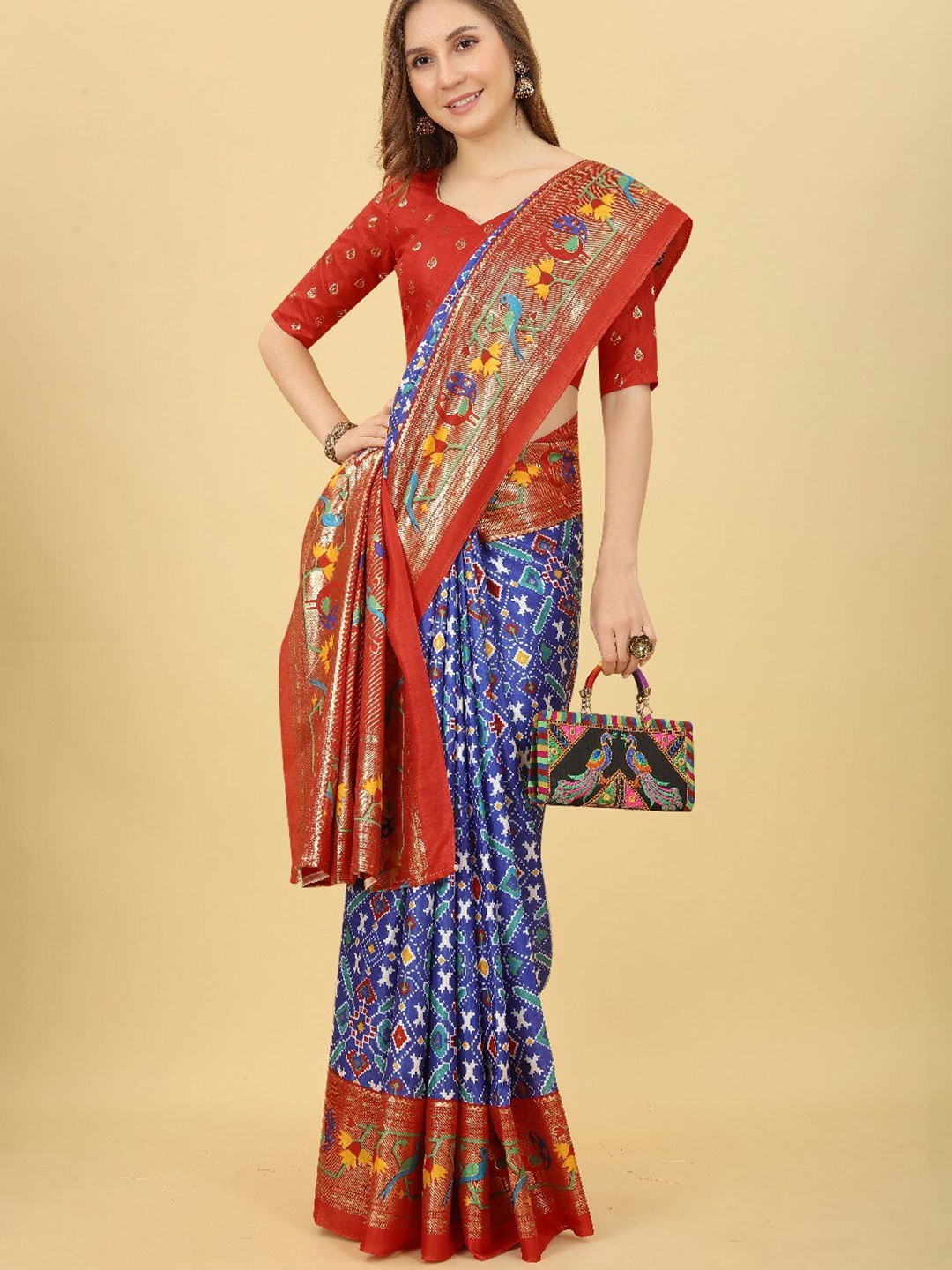 

VILLAGIUS Ethnic Motifs Printed Zari Mysore Silk Saree, Blue