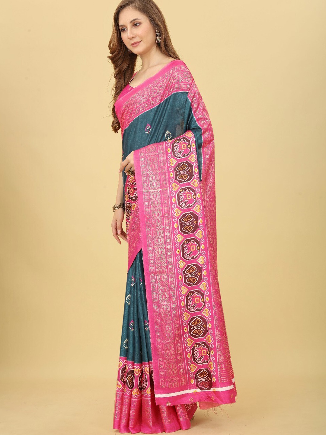

VILLAGIUS Ethnic Motifs Printed Zari Mysore Silk Saree, Turquoise blue