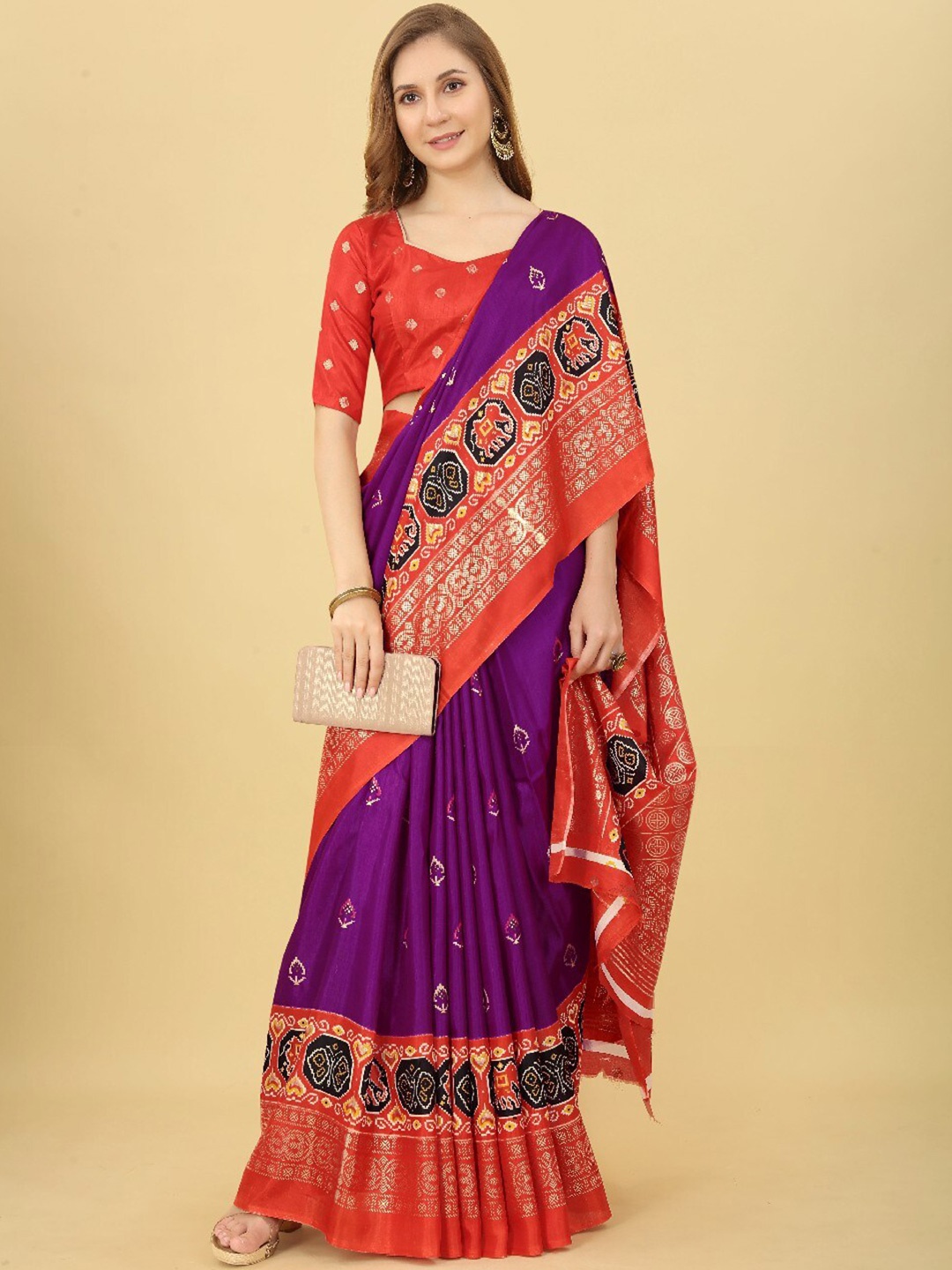 

VILLAGIUS Ethnic Motifs Printed Zari Mysore Silk Saree, Purple