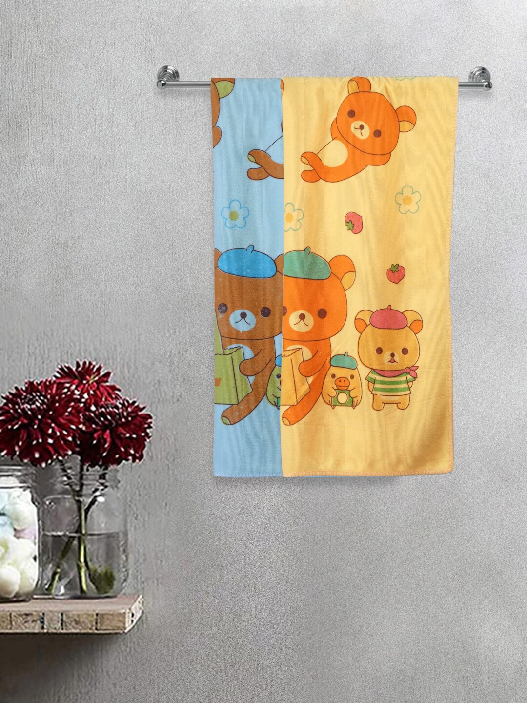 

FABINALIV Kids Blue & Orange 2-Pieces Colored Printed Cotton 300 GSM Bath Towels