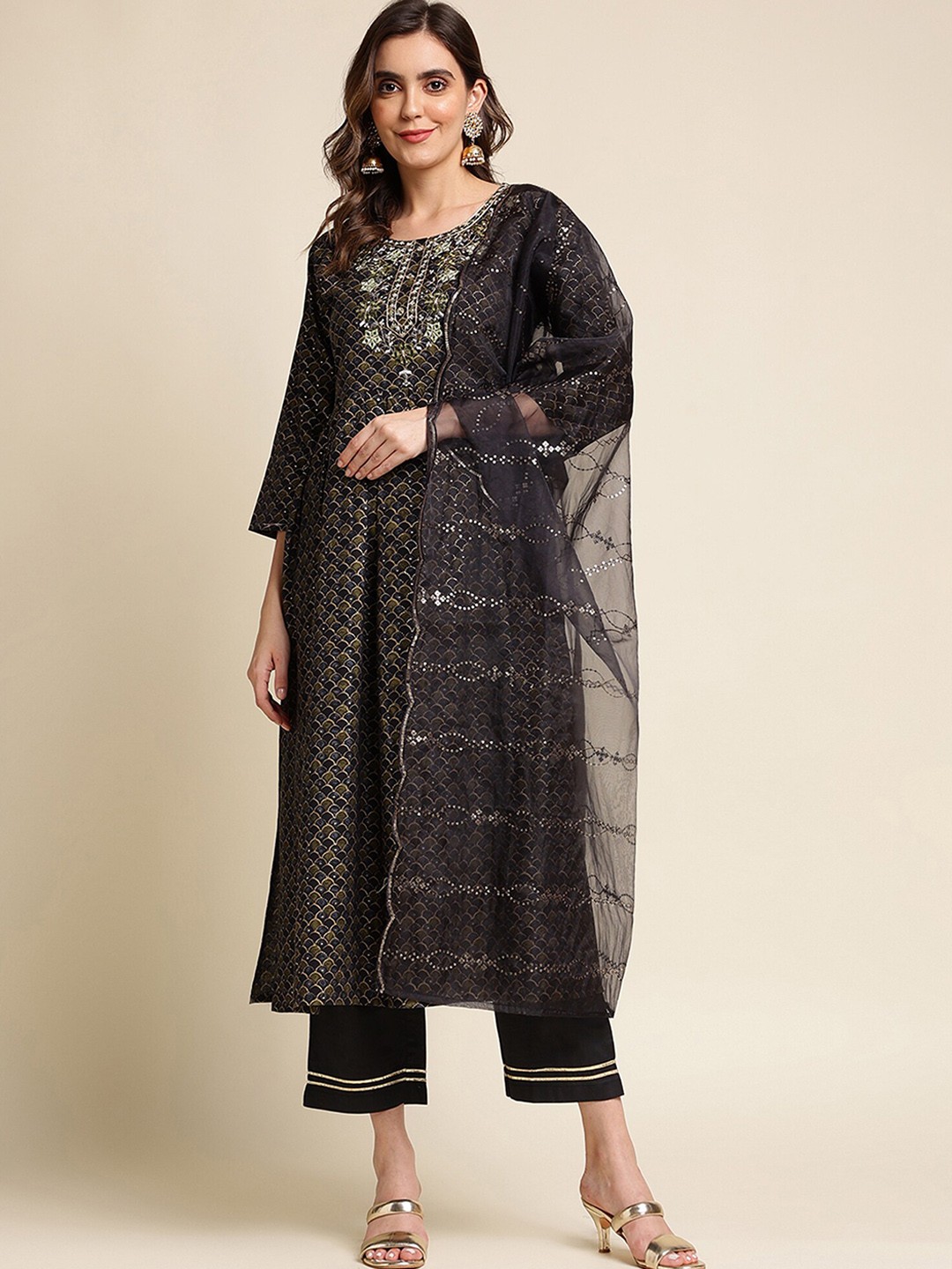

KALINI Ethnic Motifs Printed Mirror Work Kurta with Palazzos & With Dupatta, Black