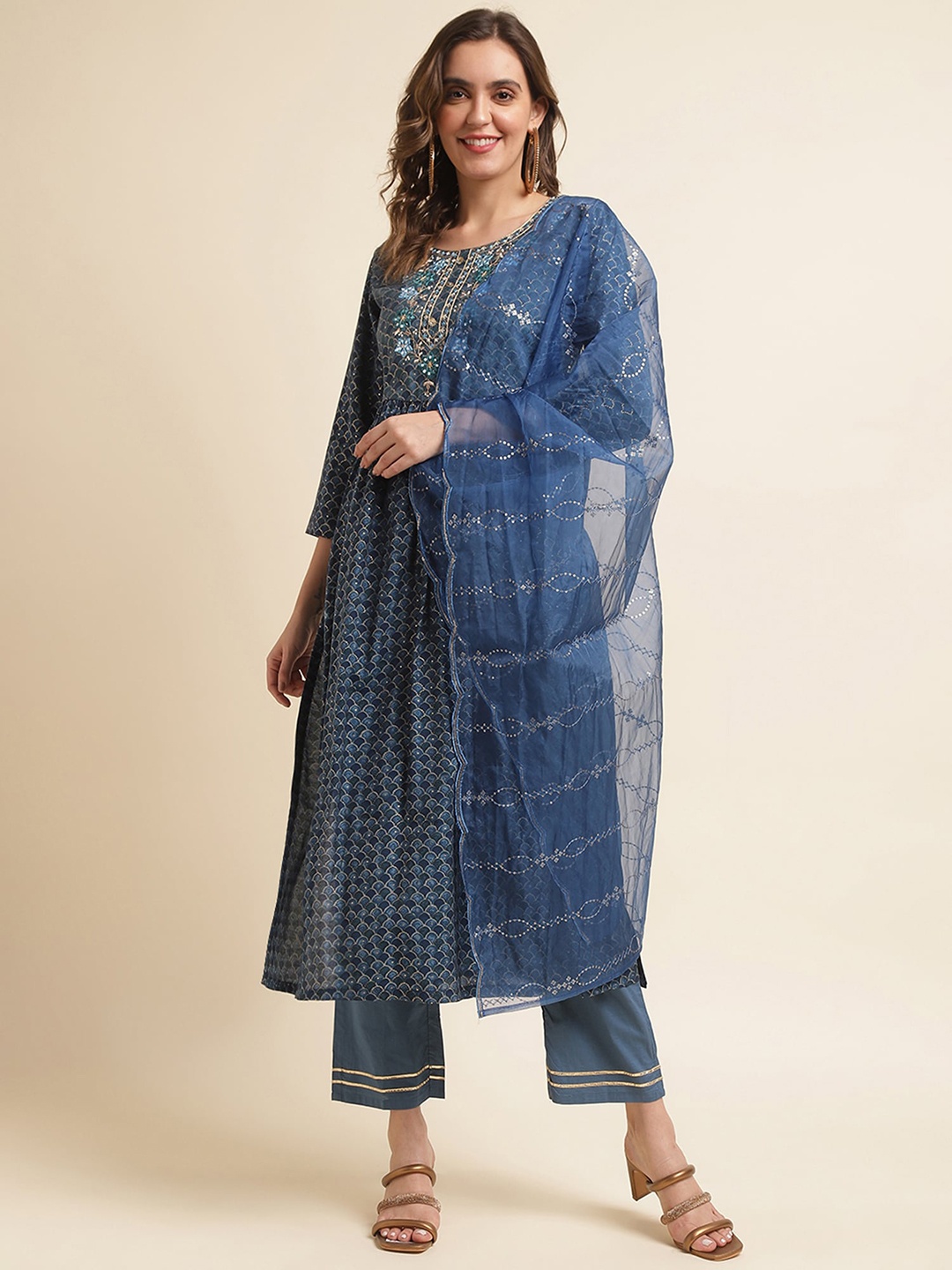 

KALINI Ethnic Motifs Printed Thread Work A-Line Kurta with Palazzos & Dupatta, Blue