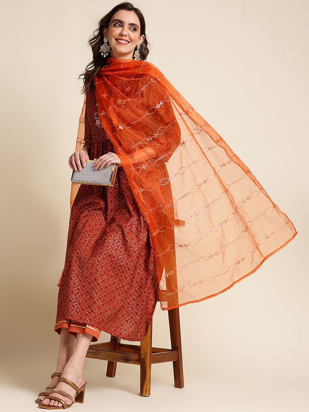 

KALINI Ethnic Motifs Printed Thread Work A-Line Kurta with Palazzos & Dupatta, Red
