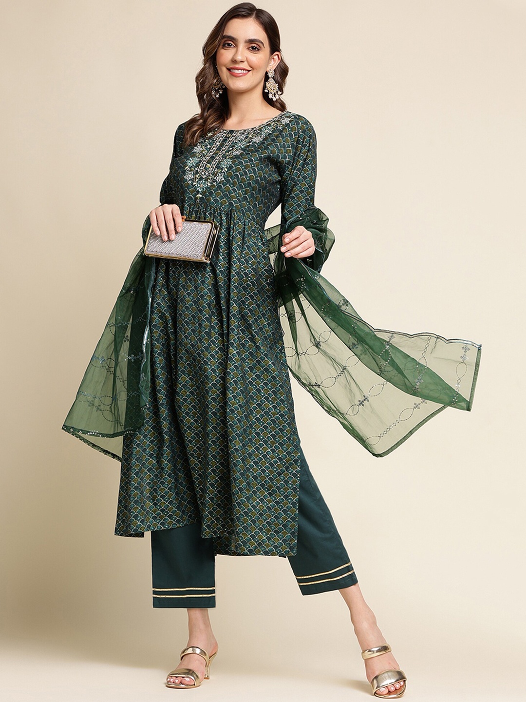 

Sangria Green Printed Mirror Work Kurta With Trouser & Dupatta