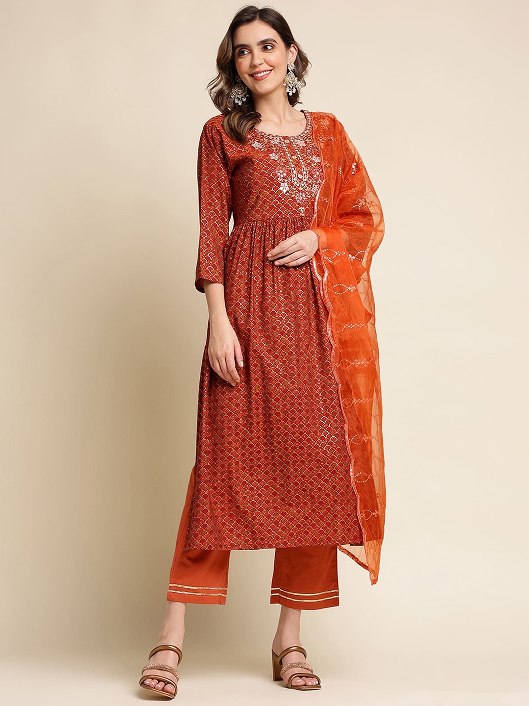 

Sangria Red Printed Mirror Work Kurta With Trouser & Dupatta