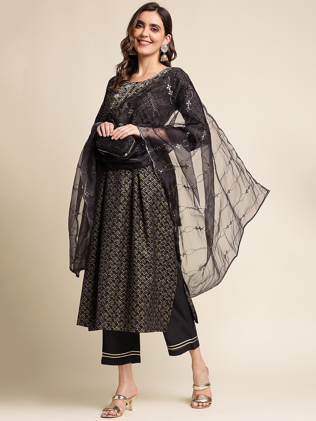 

Sangria Black Printed Mirror Work Kurta With Trouser & Dupatta