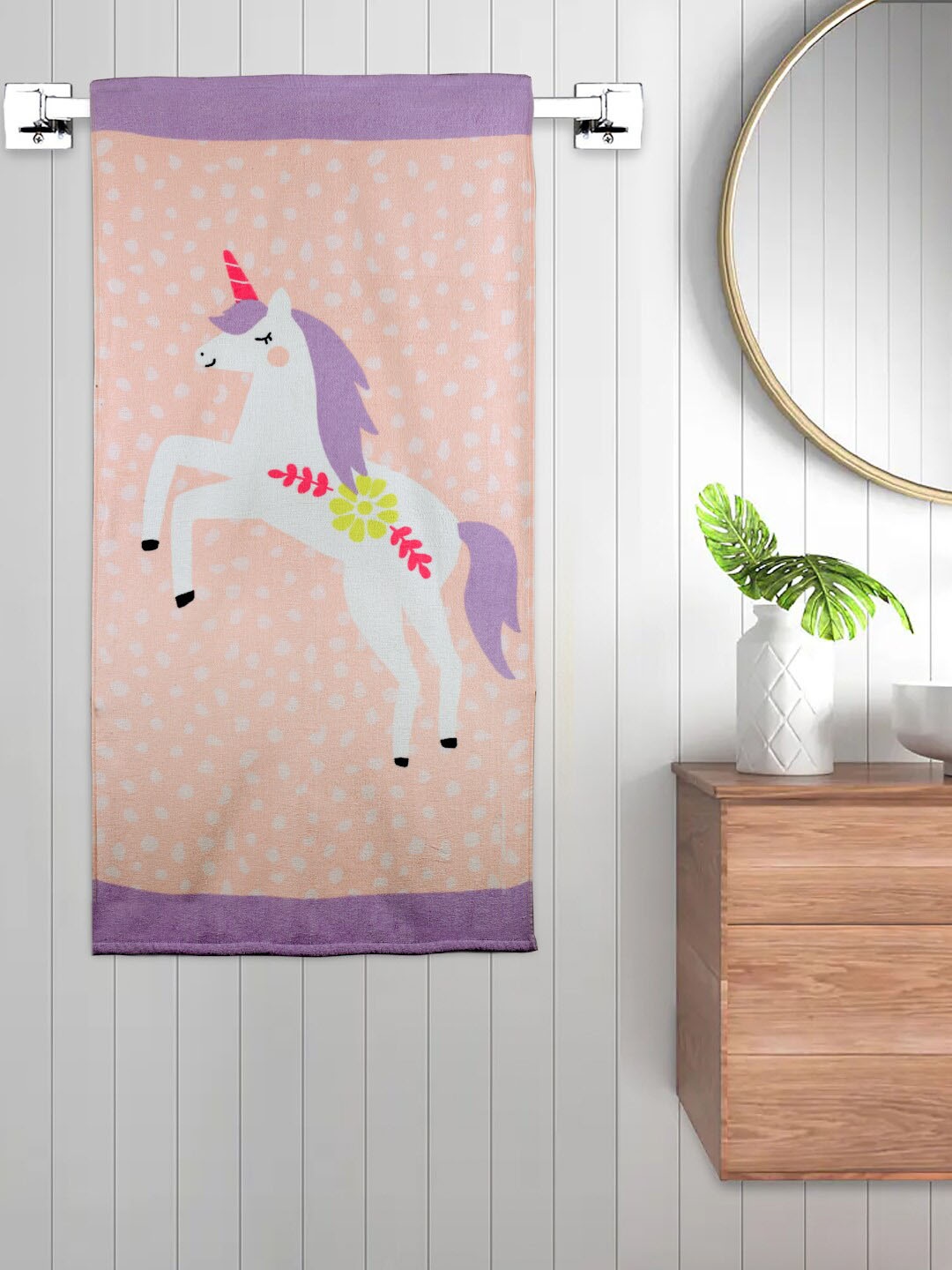 

FABINALIV Kids Peach-Colored & Purple Unicorn Printed 550 GSM Cotton Bath Towel