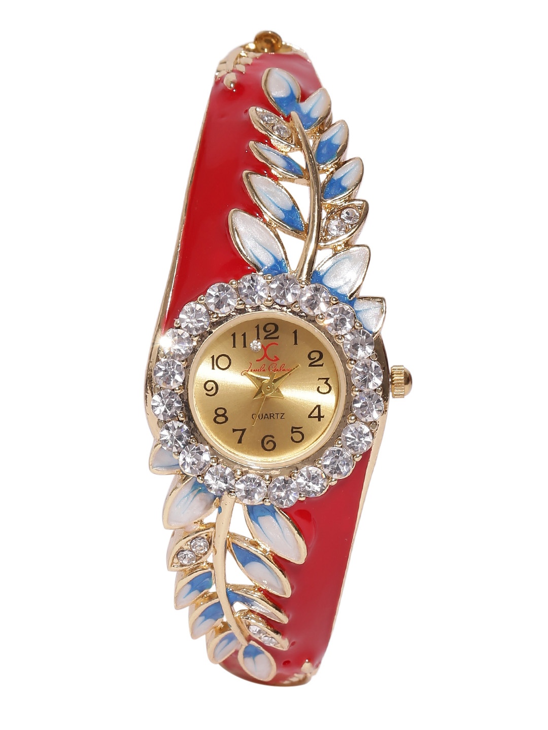 

Jewels Galaxy Red & Blue Gold-Plated Handcrafted Bangle-Style Bracelet cum Watch