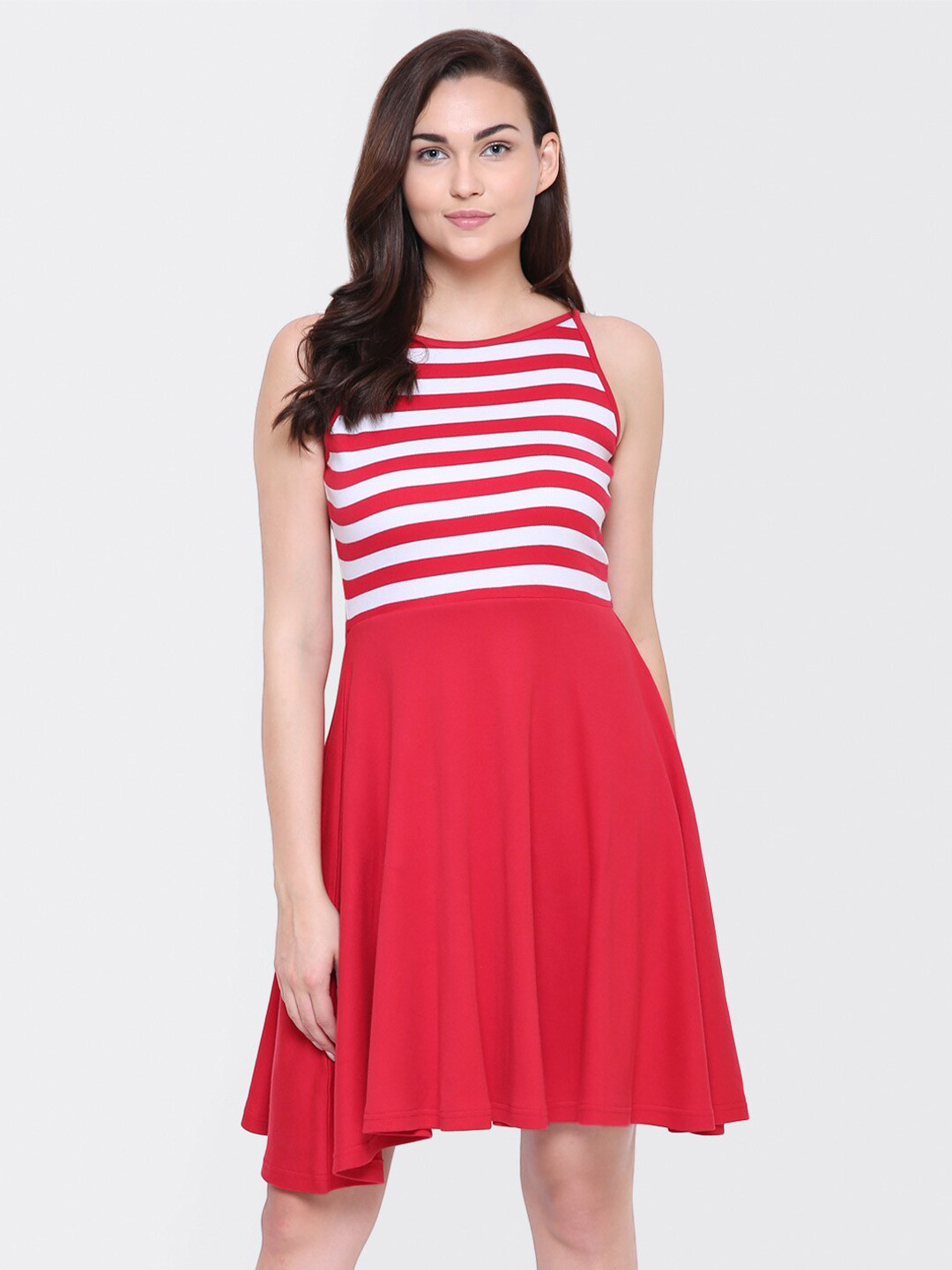 

Yaadleen Striped Cotton Fit & Flare Dress, Red