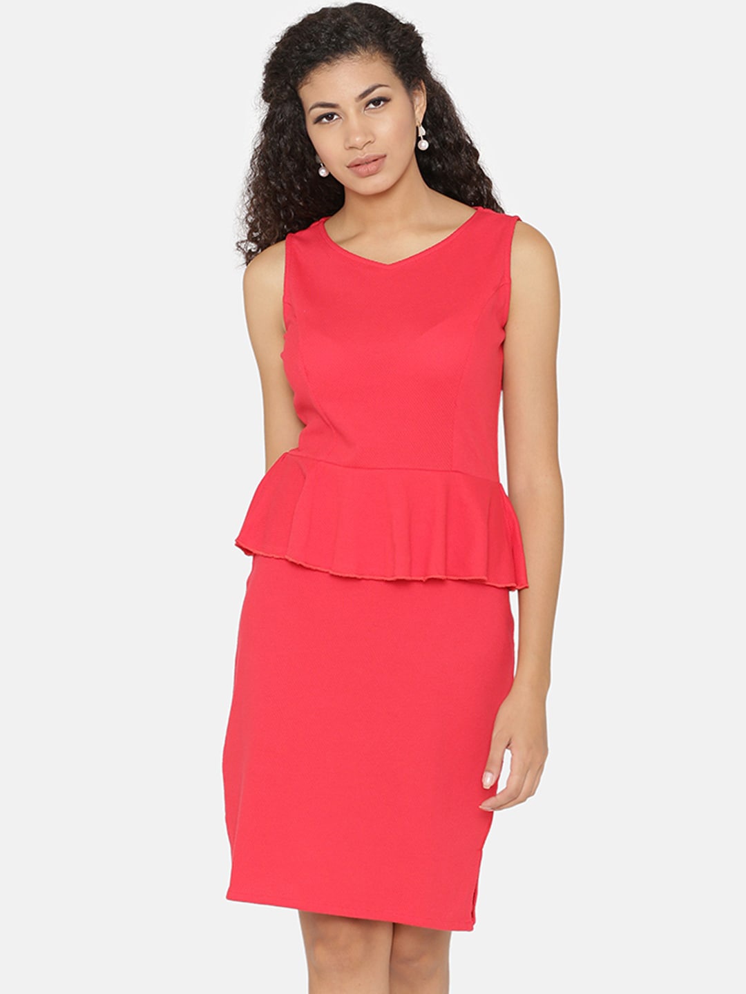

Yaadleen Round Neck Cotton Peplum Dress, Red