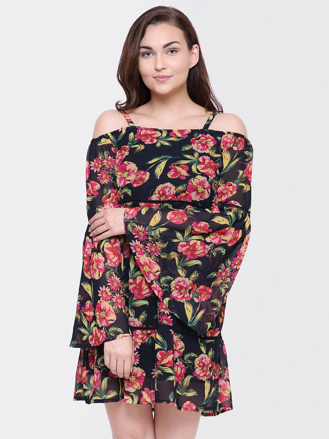 

Yaadleen Floral Printed Cold-Shoulder Sleeves A-Line Dress, Black