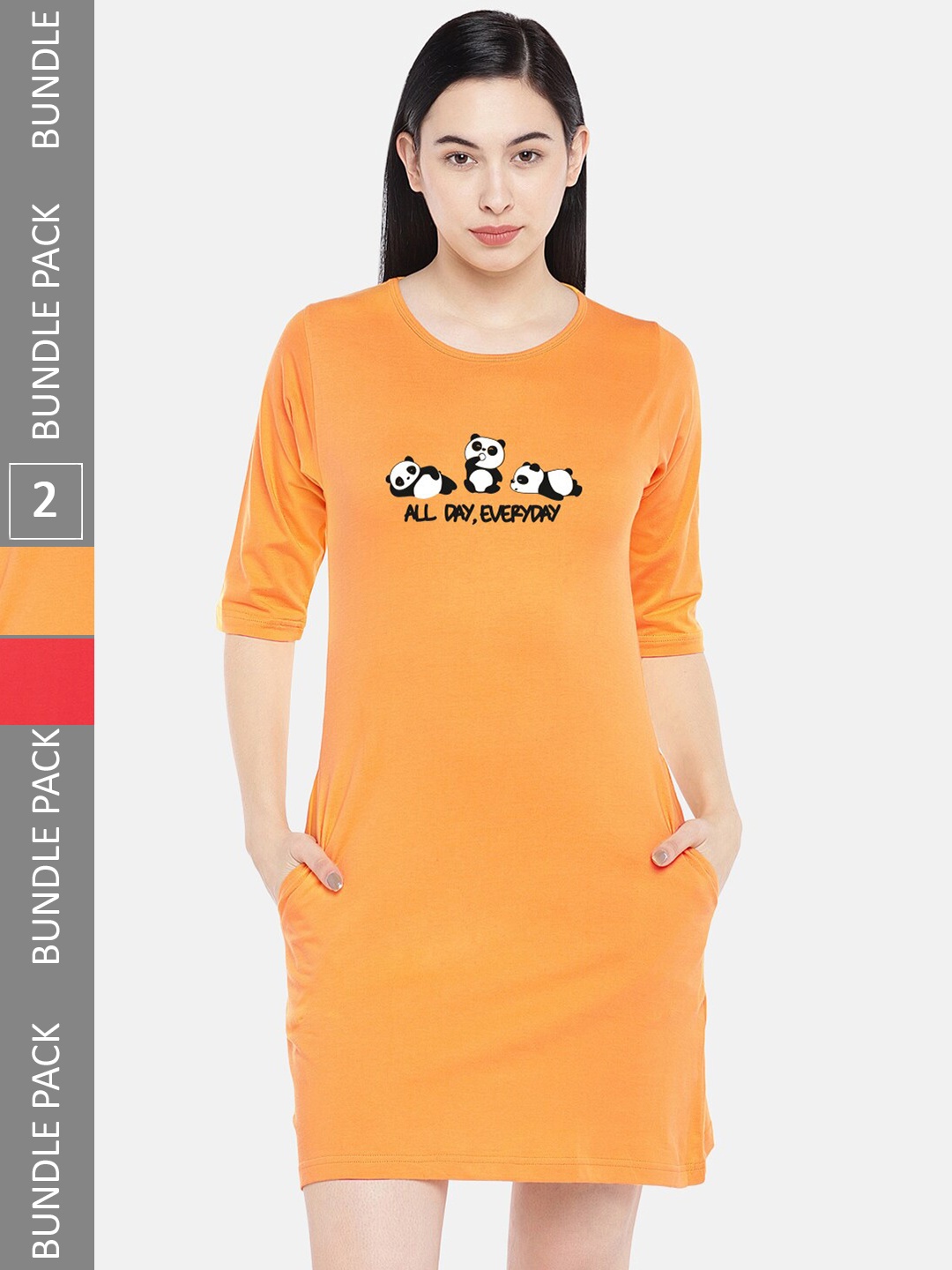 

STATUS MANTRA Pack Of 2 Printed Pure Cotton T-shirt Dresses, Yellow