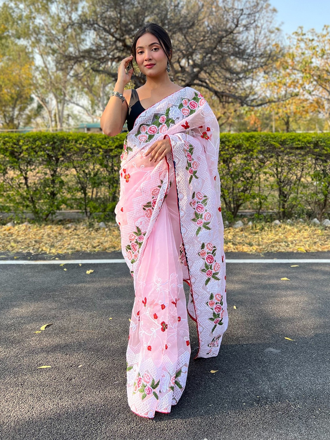 

all about you Pink & Red Floral Embroidered Organza Saree