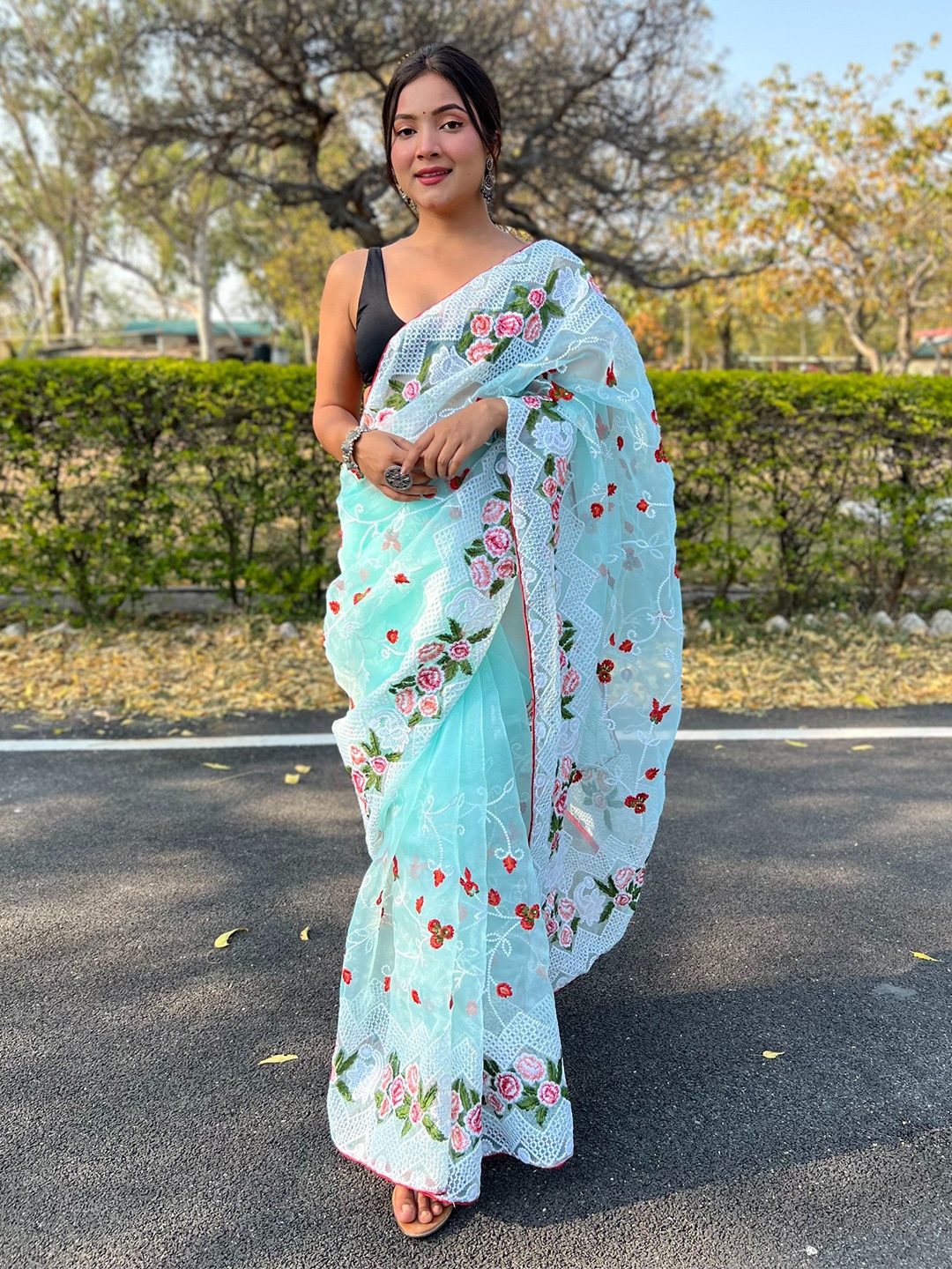 

all about you Blue & Red Floral Embroidered Organza Saree