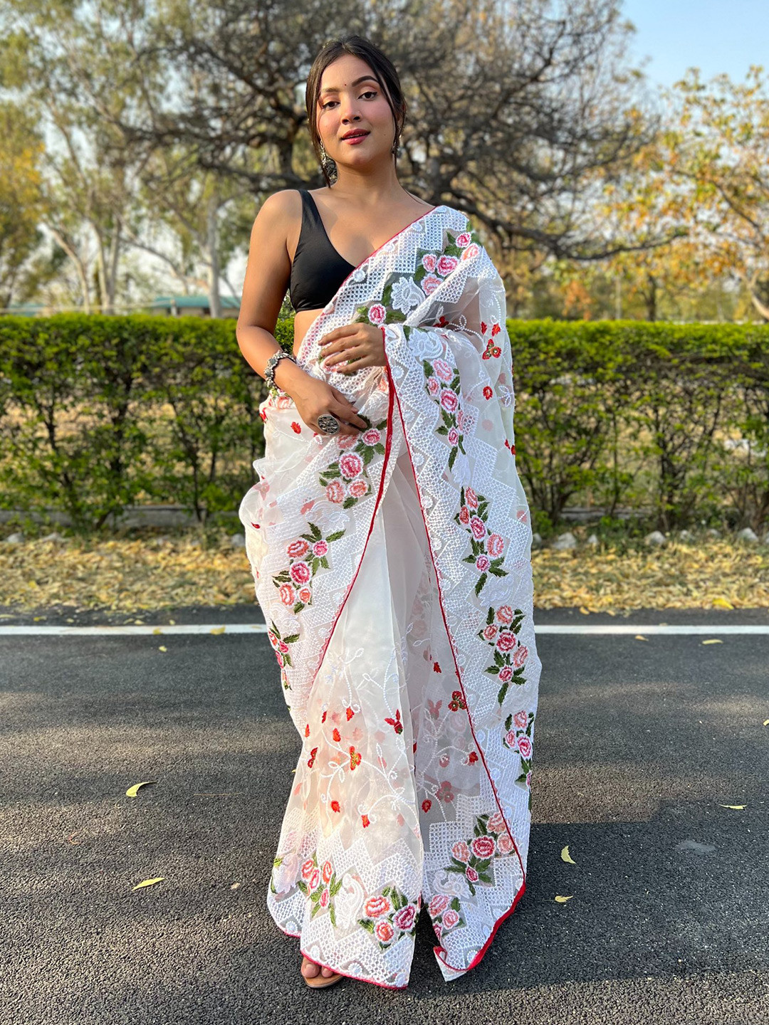 

all about you White & Red Floral Embroidered Organza Saree