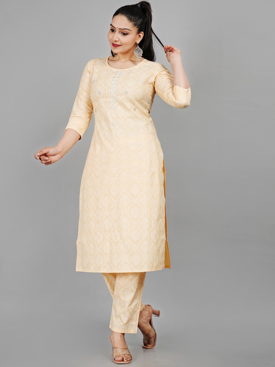 

KALINI Ethnic Motifs Printed Thread Work Pure Cotton Kurta with Trousers, Yellow