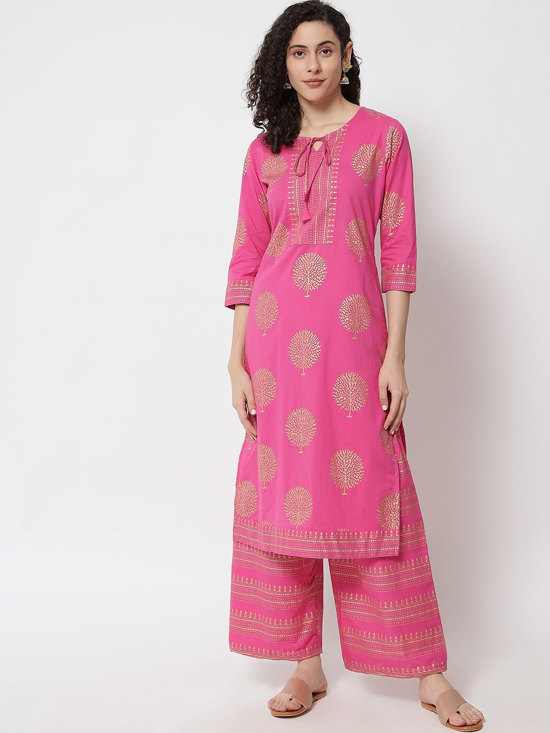 

KALINI Ethnic Motifs Printed Tie-Up Neck Pure Cotton Kurta with Palazzos, Pink