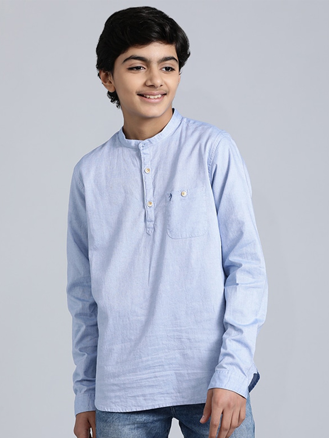 

Indian Terrain Boys Classic Band Collar Pure Cotton Casual Shirt, Blue