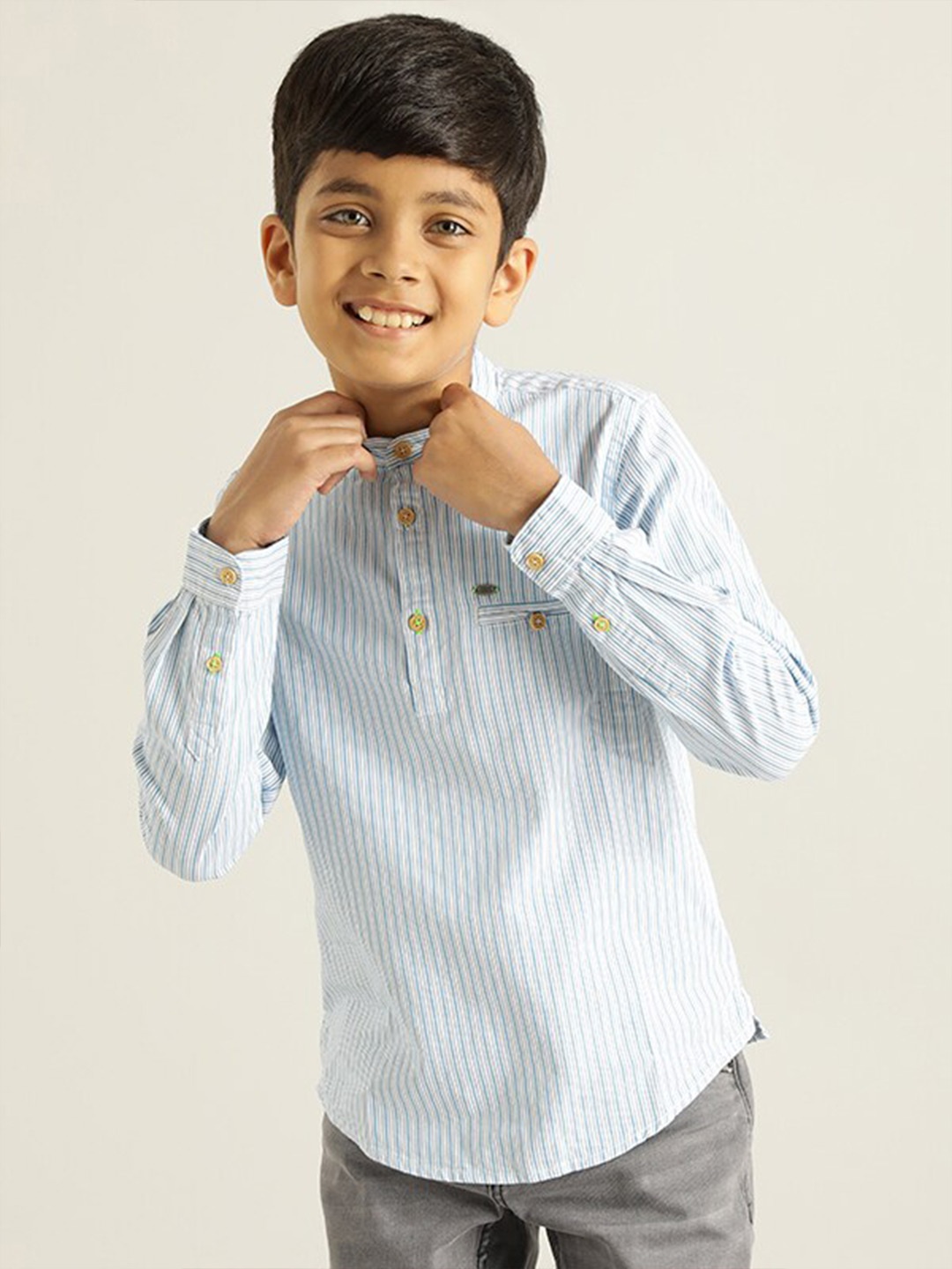 

Indian Terrain Boys Classic Striped Pure Cotton Casual Shirt, Blue