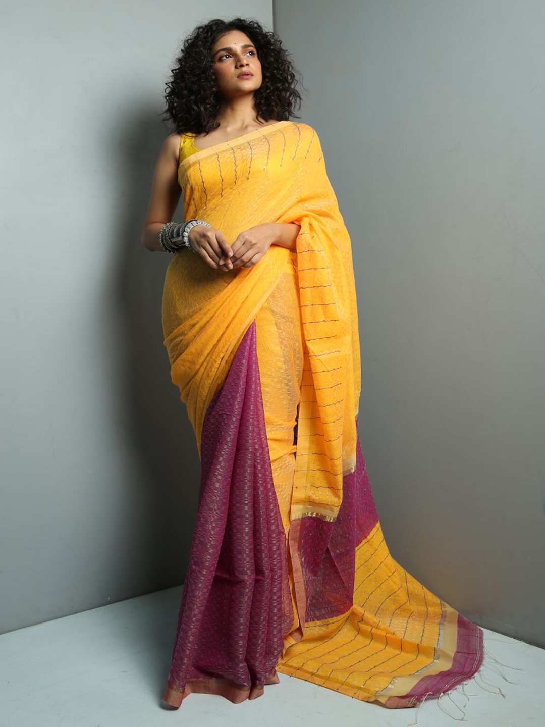 

HERE&NOW Yellow & Magenta Woven Design Half & Half Saree